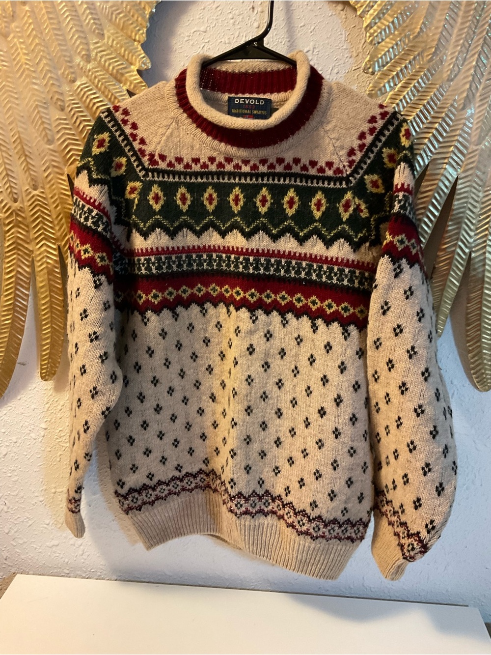 Vintage Devold of Norway Wool Red and Green Patterned Sweater Nordic Ski